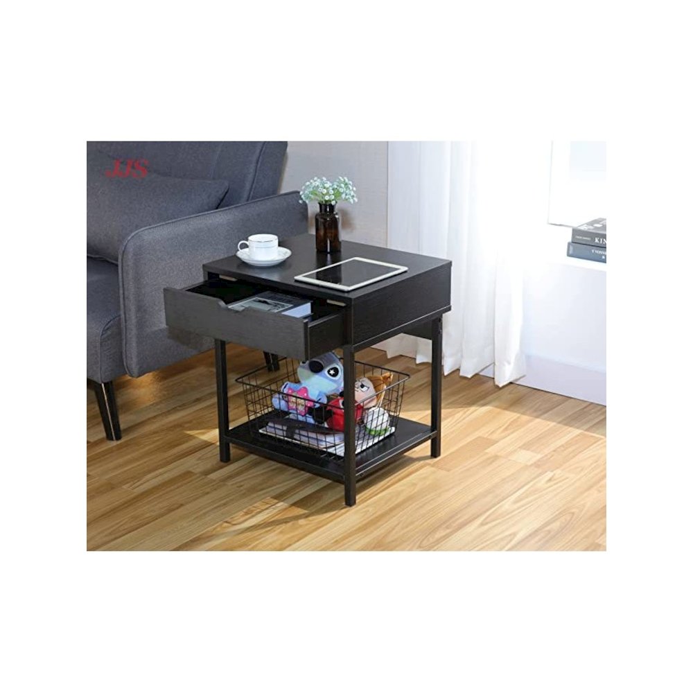 Bedside Table With Drawer And Storage Shelves, Black. Picture 2