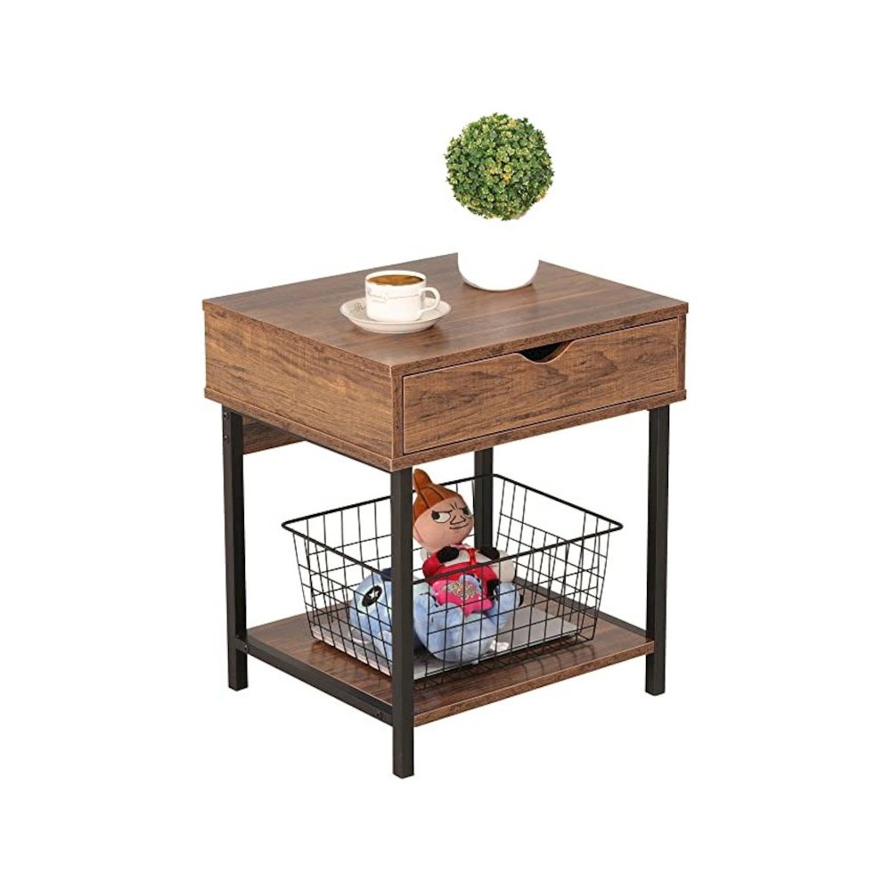 Bedside Table With Drawer And Storage Shelves, Brown. Picture 1