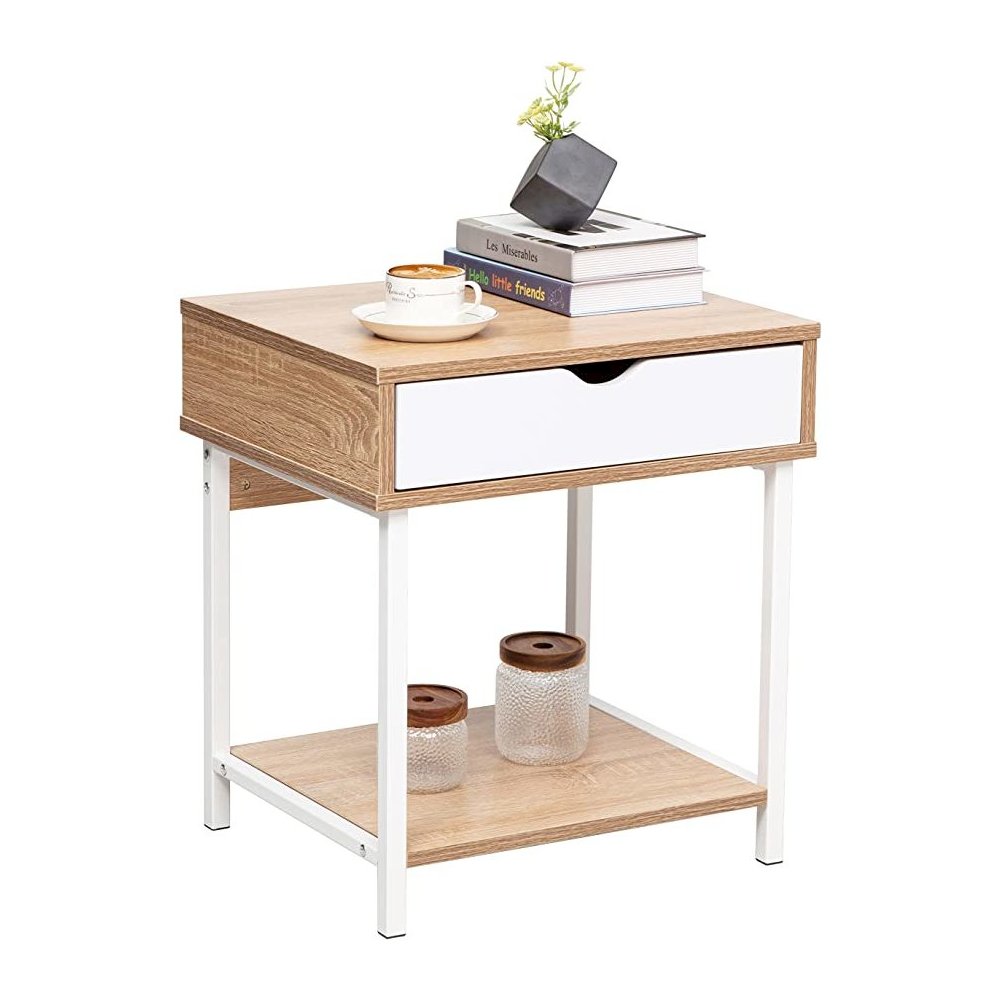 Bedside Table With Drawer And Storage Shelves, Oak/White. Picture 1