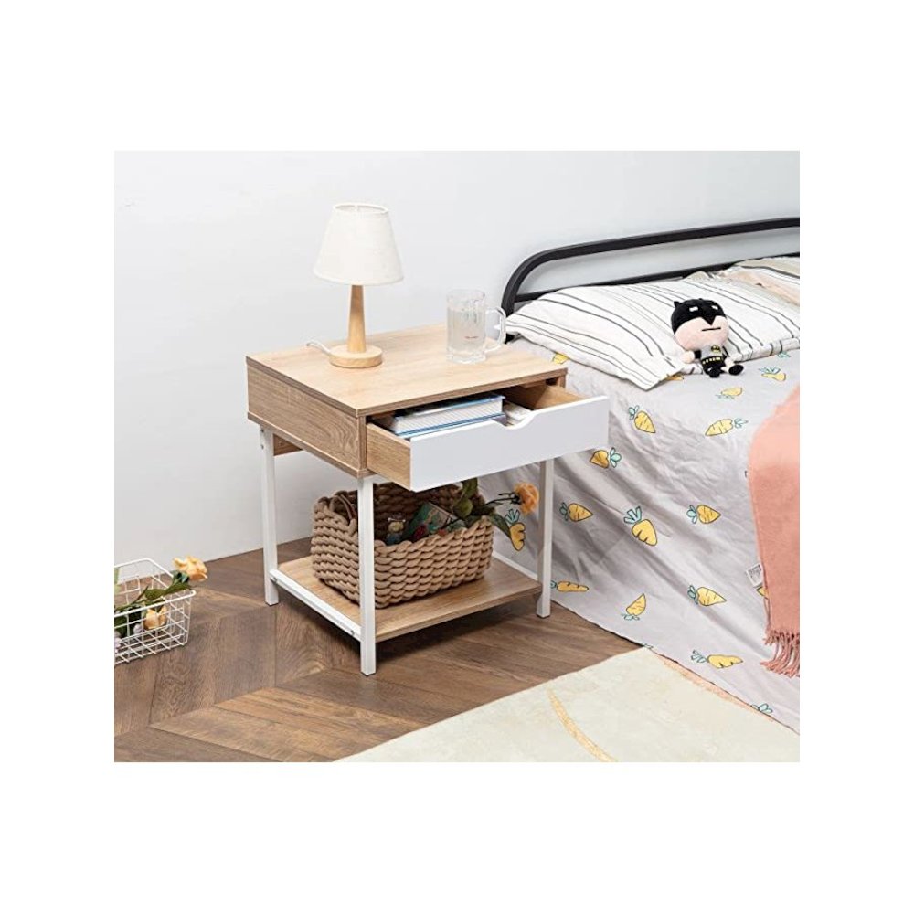 Bedside Table With Drawer And Storage Shelves, Oak/White. Picture 2