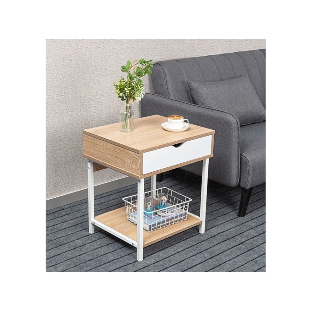 Bedside Table With Drawer And Storage Shelves, Oak/White. Picture 3
