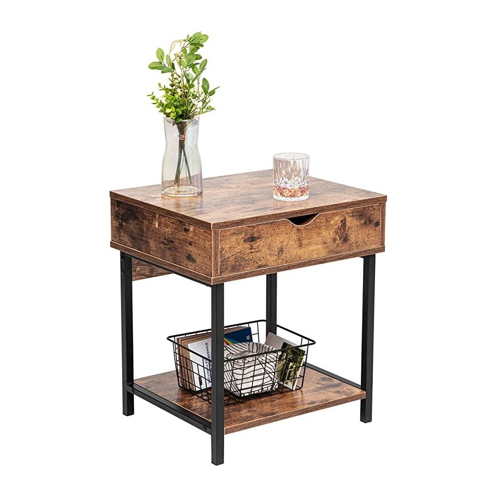 Bedside Table With Drawer And Storage Shelves, Rustic Brown. Picture 1