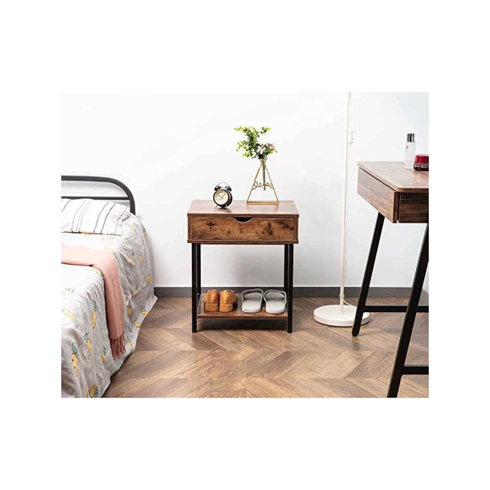Bedside Table With Drawer And Storage Shelves, Rustic Brown. Picture 2