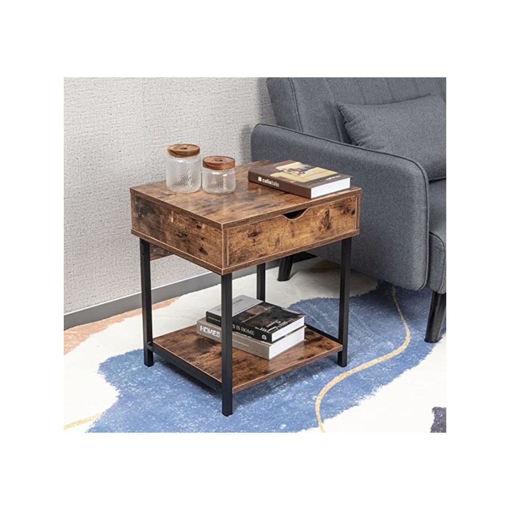 Bedside Table With Drawer And Storage Shelves, Rustic Brown. Picture 3