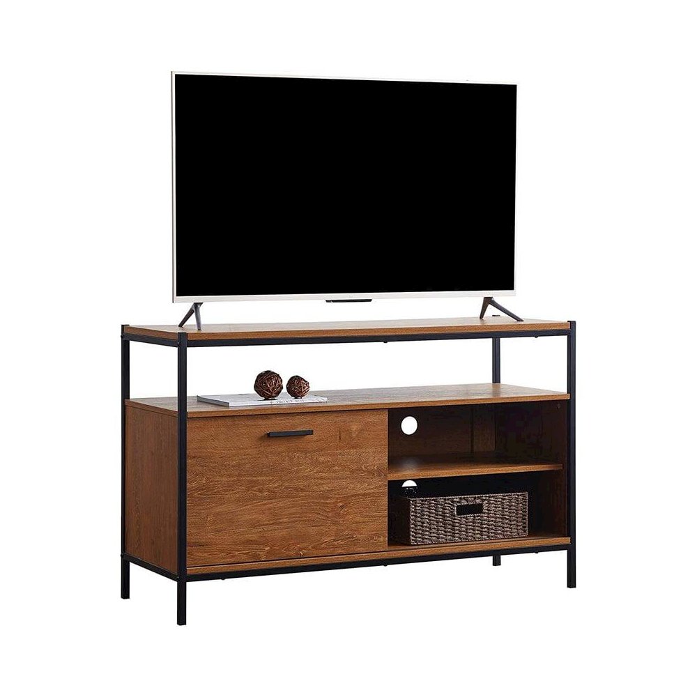 Wood Tv Media Stand For Tvs Up To 50" With Sliding Barn Door In Oak Brown. Picture 1