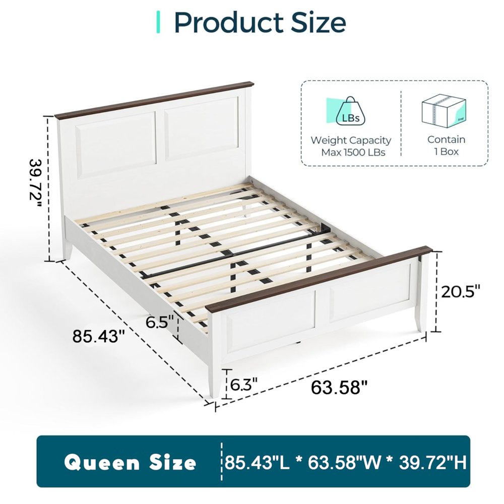 Rustic Queen Bed Frame with Headboard & Footboard, Wooden Platform, White. Picture 1