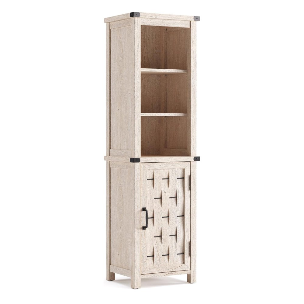 Farmhouse Tall Storage Cabinet, Narrow Corner Linen Tower with Door, Light Gray. Picture 1