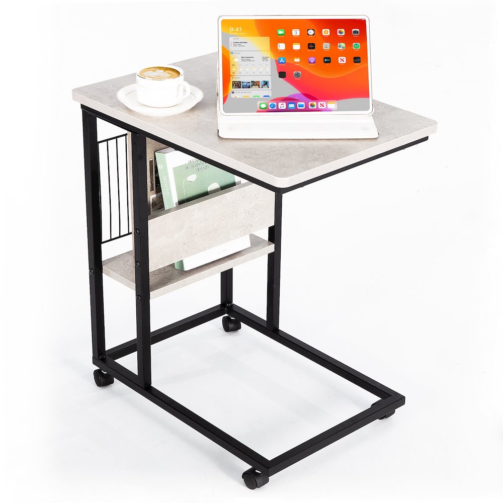 Side End C Table With Magazine Holder For Sofa, Cement/Black. Picture 1