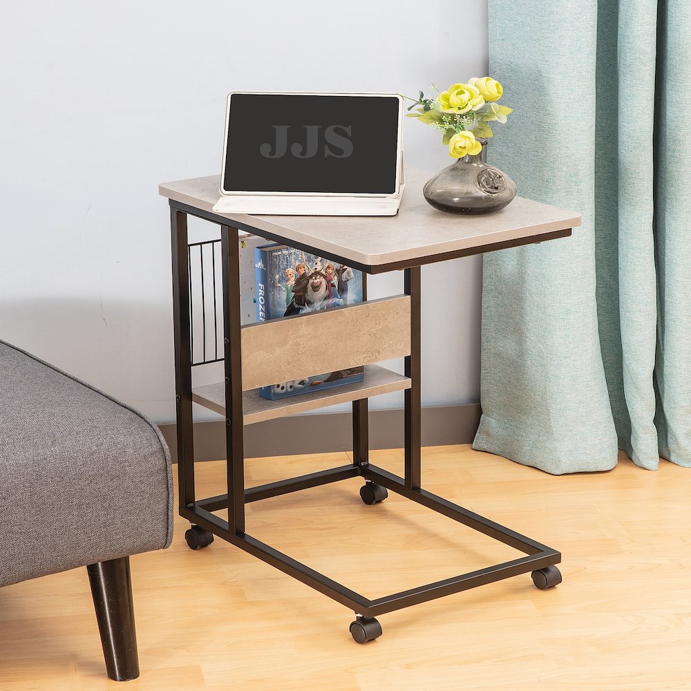 Side End C Table With Magazine Holder For Sofa, Cement/Black. Picture 2