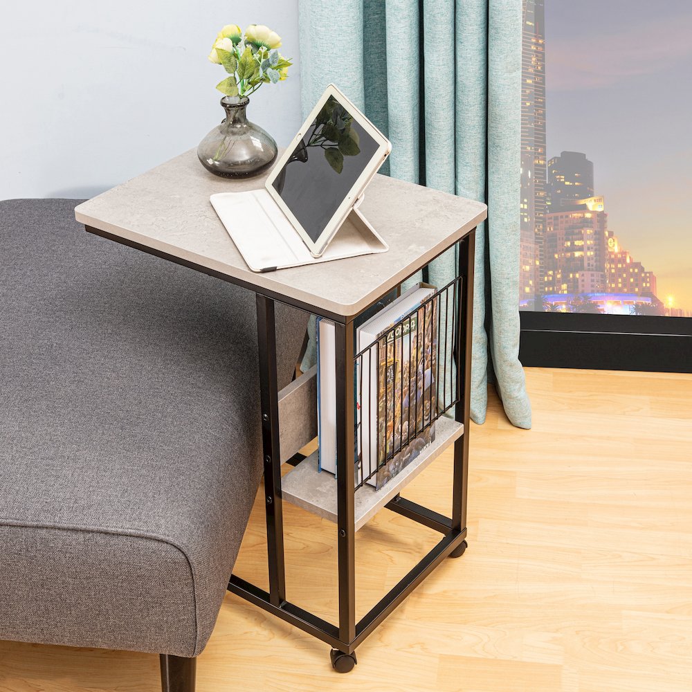 Side End C Table With Magazine Holder For Sofa, Cement/Black. Picture 3