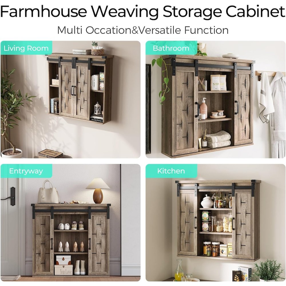 31" Farmhouse Wall-Mounted Medicine Cabinet with Sliding Barn Door,Light Brown. Picture 4