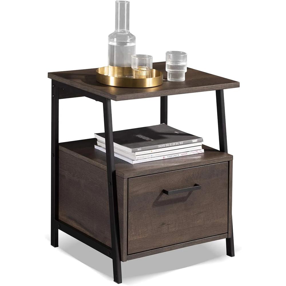 Accent Table With Storage Shelf And Drawer, Smoky Oak. Picture 1