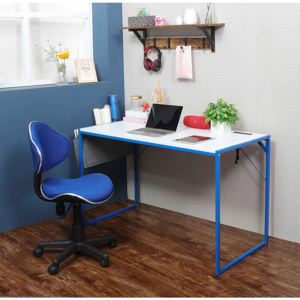 Small Computer Desk Simple Style Writing Desk, White/Blue. Picture 1