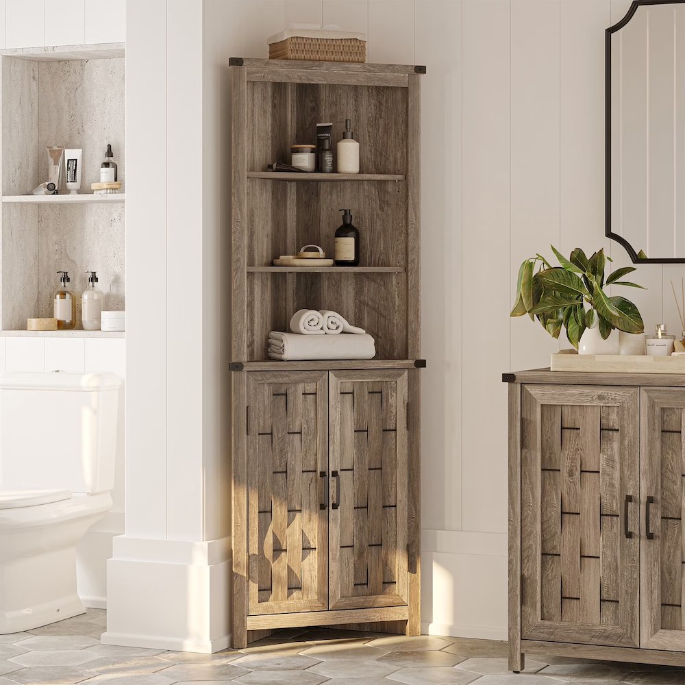 Farmhouse Tall Bathroom Storage Cabinet – Narrow Corner Linen Tower, Light Brown. Picture 3