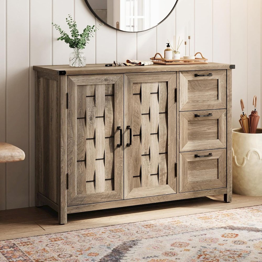 43" Farmhouse Sideboard Buffet Cabinet with Drawers and Shelves,Light Brown. Picture 2