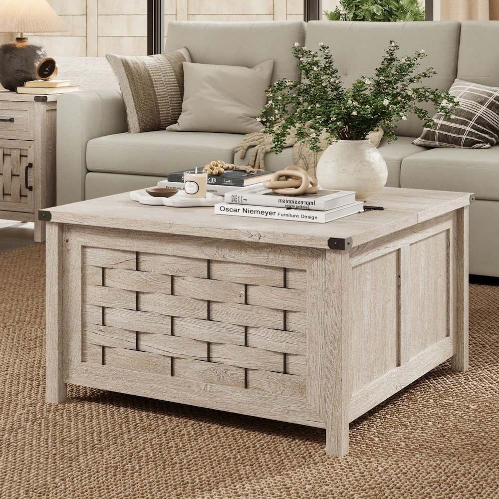 Square Farmhouse Coffee Table with Hidden Storage Compartment,Light Gray. Picture 2