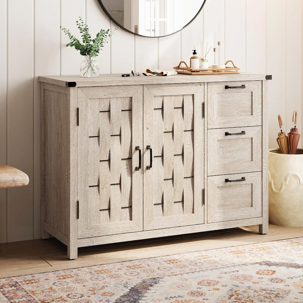 43" Farmhouse Sideboard Buffet Cabinet with Drawers and Shelves,Light Gray. Picture 2
