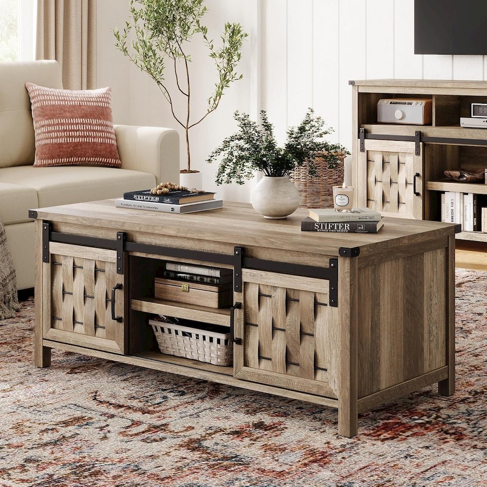 47.24" Farmhouse Coffee Table with Storage & Sliding Barn Doors,Light Brown. Picture 2