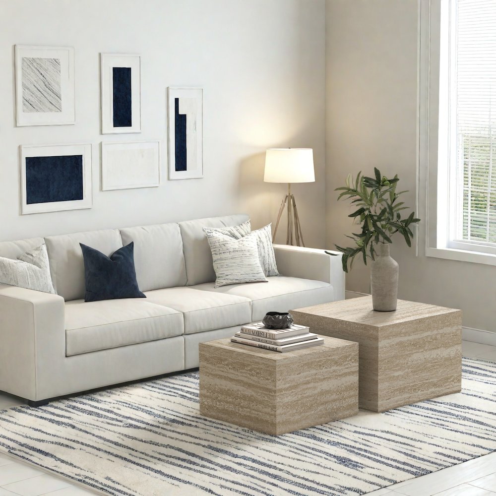 Nesting Coffee Tables - Set of 2 Square Faux Marble Design,Travertine. Picture 2