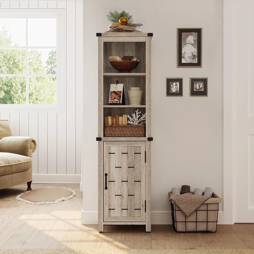 Farmhouse Tall Storage Cabinet, Narrow Corner Linen Tower with Door, Light Gray. Picture 2