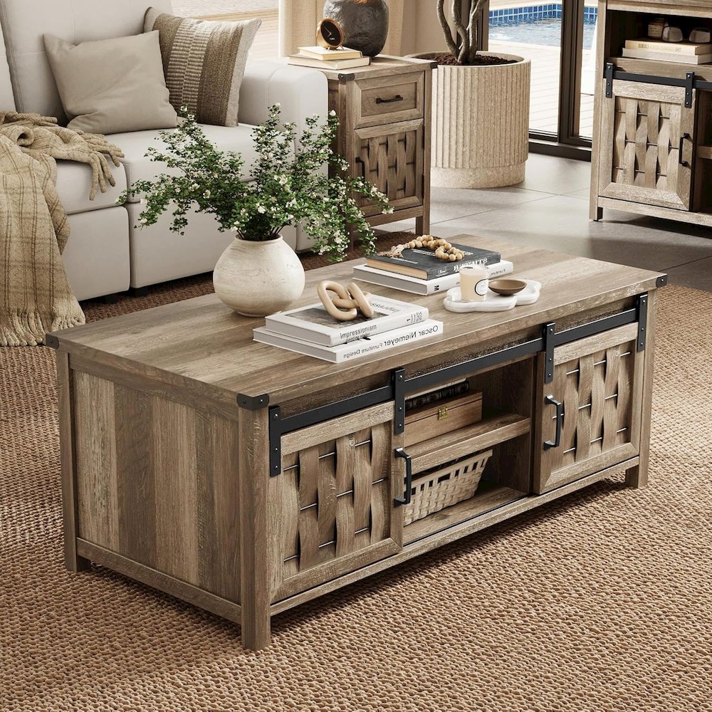 47.24" Farmhouse Coffee Table with Storage & Sliding Barn Doors,Light Brown. Picture 3