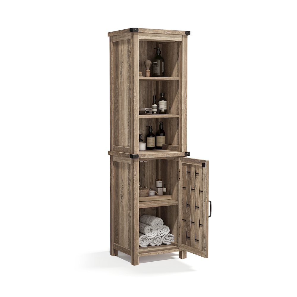 Farmhouse Tall Storage Cabinet, Narrow Corner Linen Tower with Door, Light Brown. Picture 1