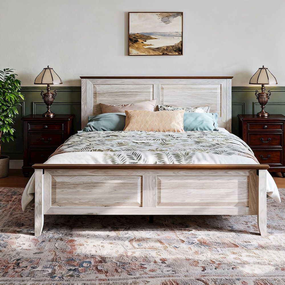 Rustic Queen Bed Frame with Headboard & Footboard, Wooden Platform, Beige. Picture 4