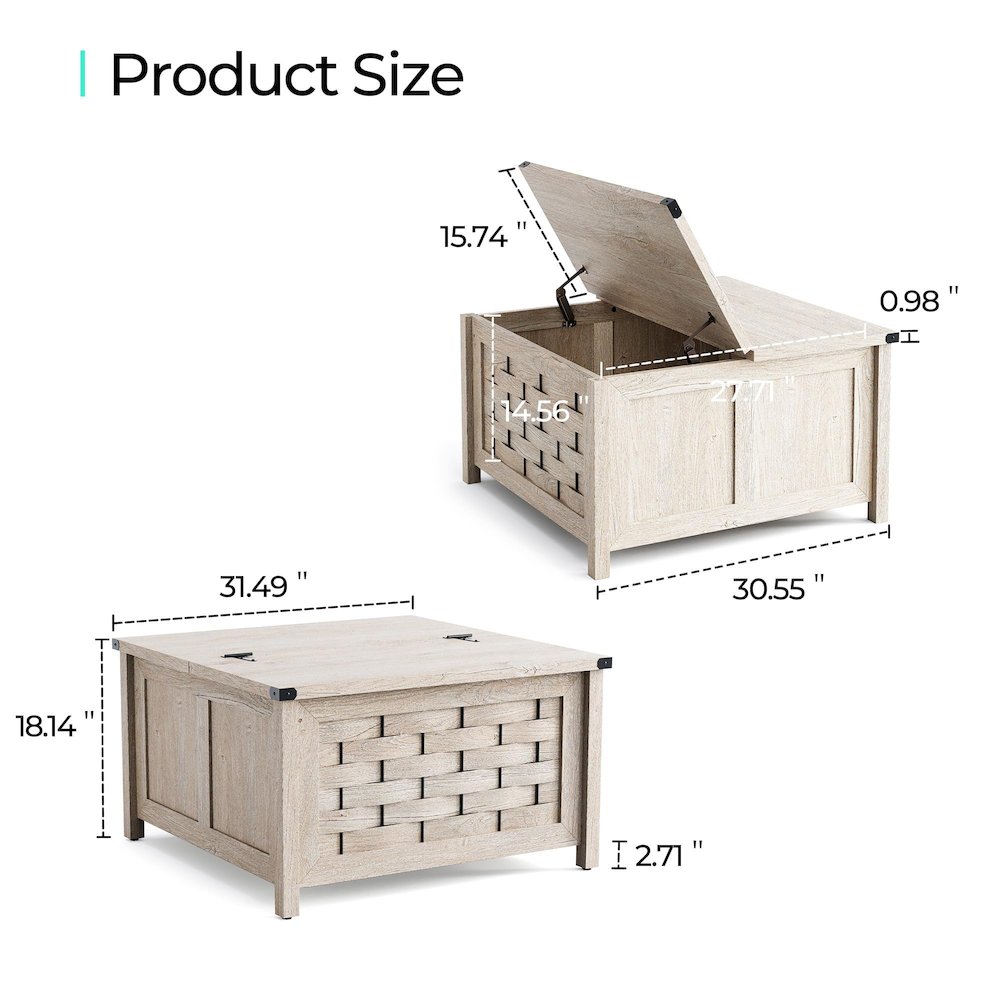 Square Farmhouse Coffee Table with Hidden Storage Compartment,Light Gray. Picture 5