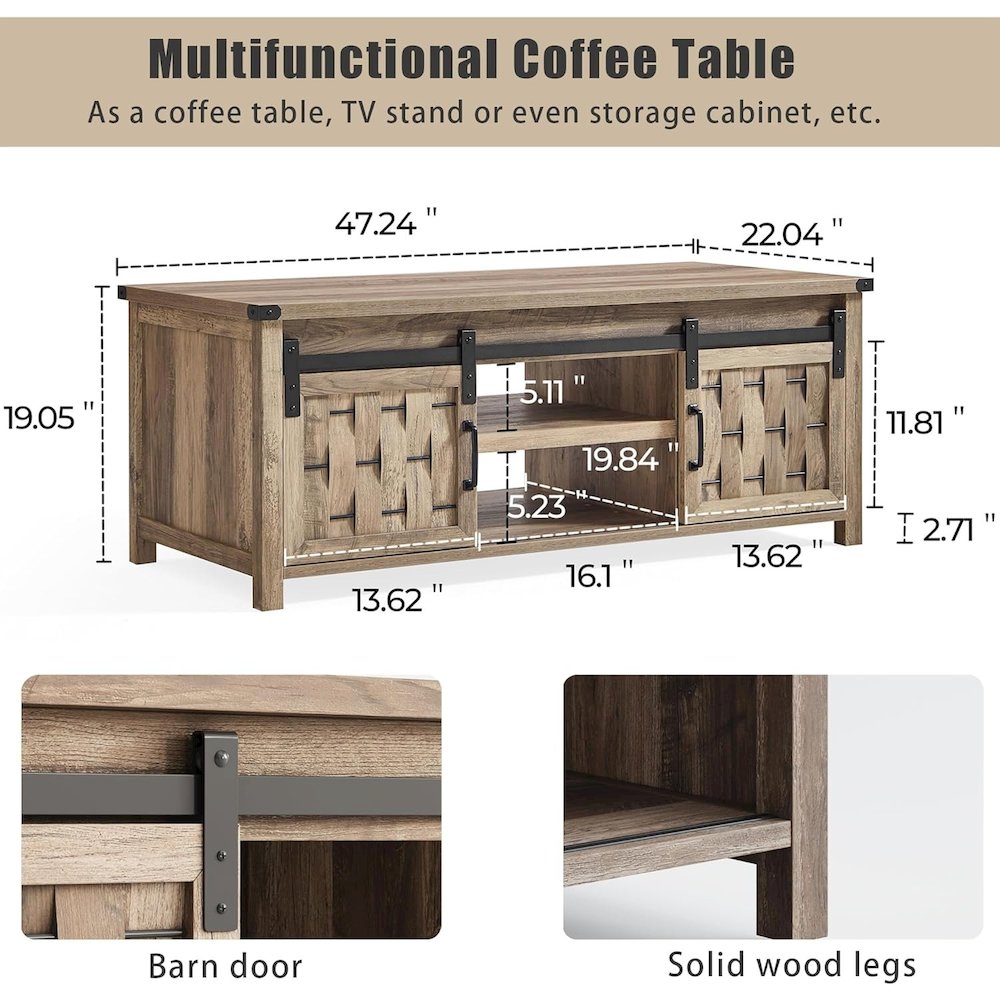 47.24" Farmhouse Coffee Table with Storage & Sliding Barn Doors,Light Brown. Picture 5
