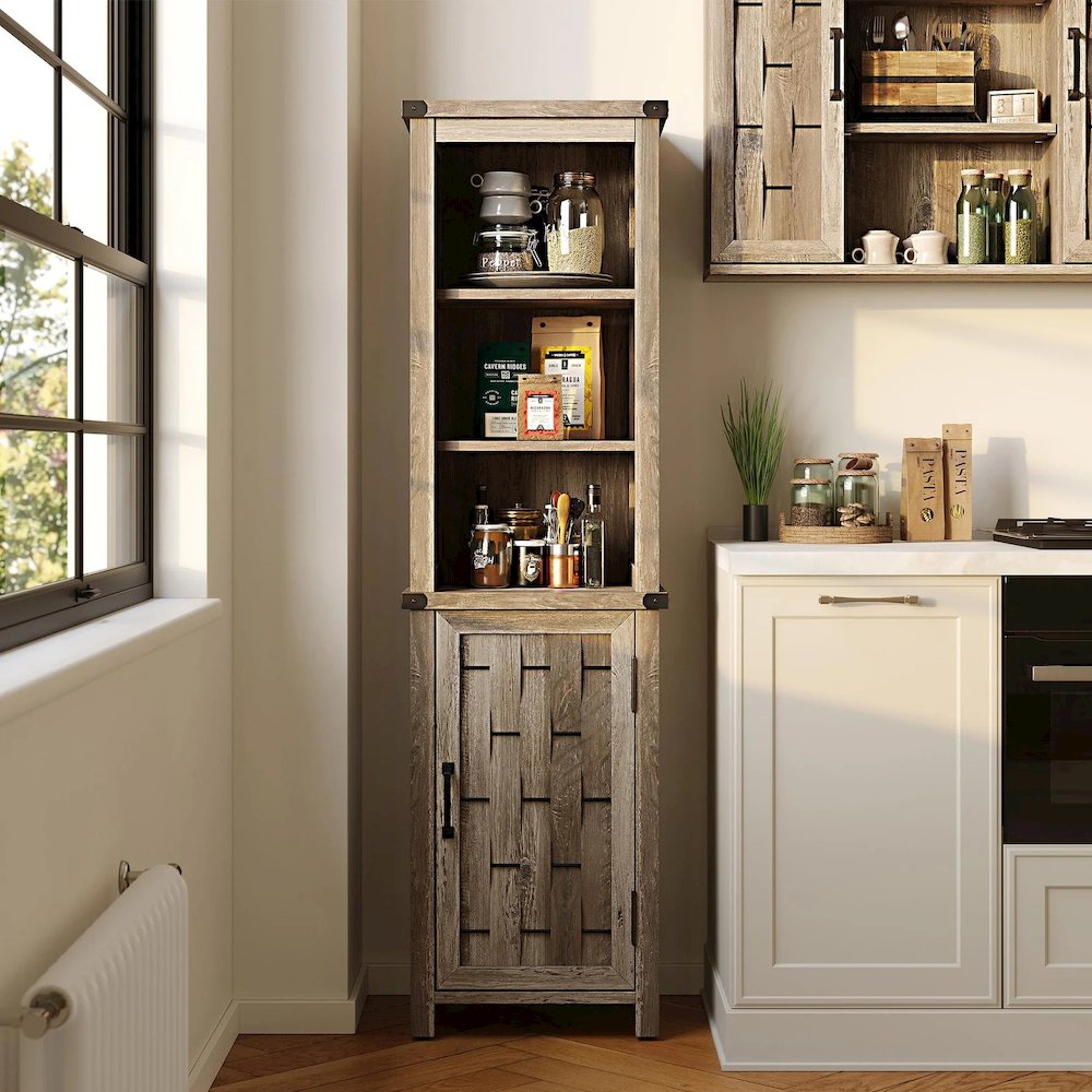 Farmhouse Tall Storage Cabinet, Narrow Corner Linen Tower with Door, Light Brown. Picture 2