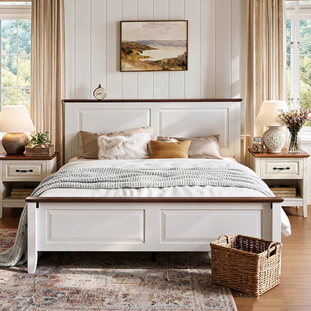 Rustic Queen Bed Frame with Headboard & Footboard, Wooden Platform, White. Picture 2