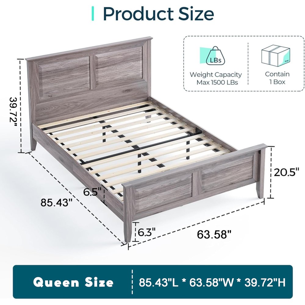 Rustic Queen Bed Frame with Headboard & Footboard, Wooden Platform, Grey. Picture 1