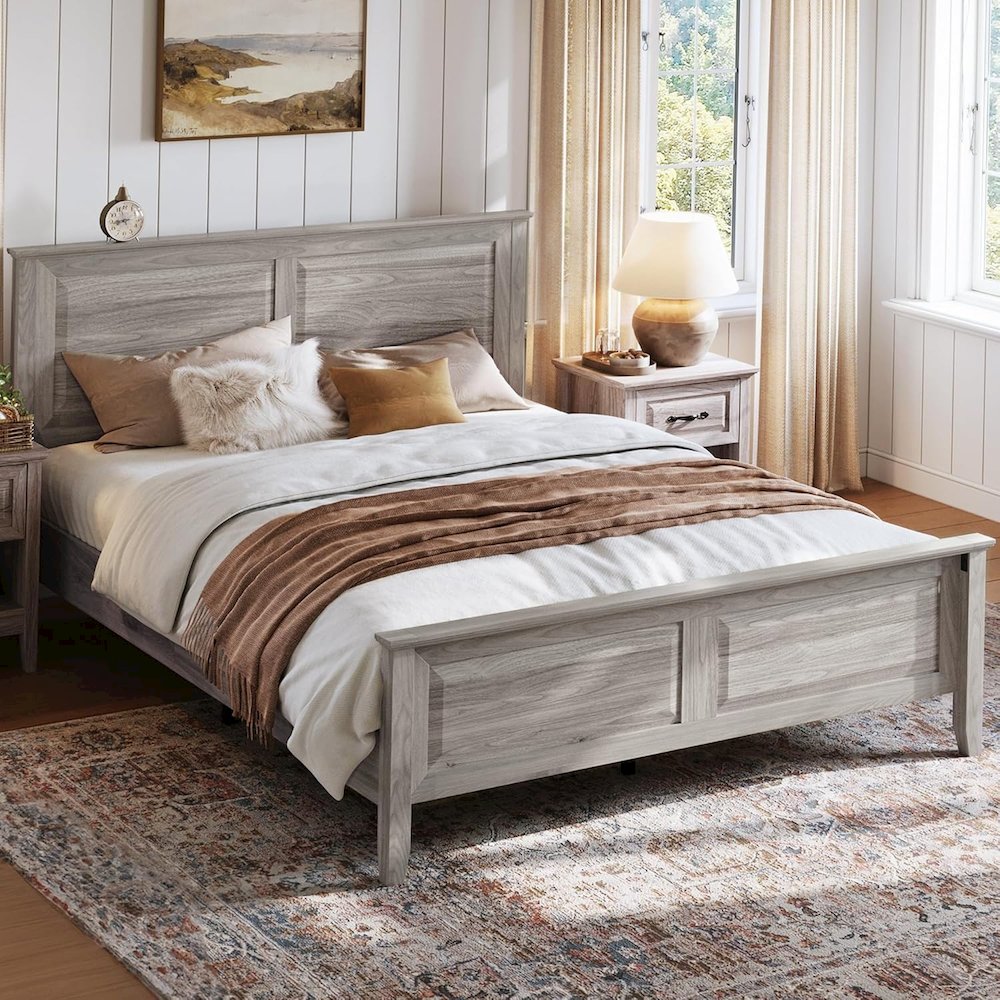 Rustic Queen Bed Frame with Headboard & Footboard, Wooden Platform, Grey. Picture 3