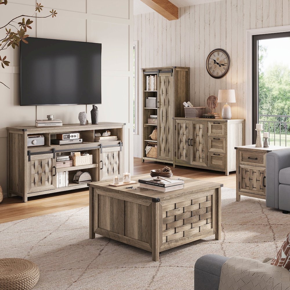 Square Farmhouse Coffee Table with Hidden Storage Compartment, Light Brown. Picture 3