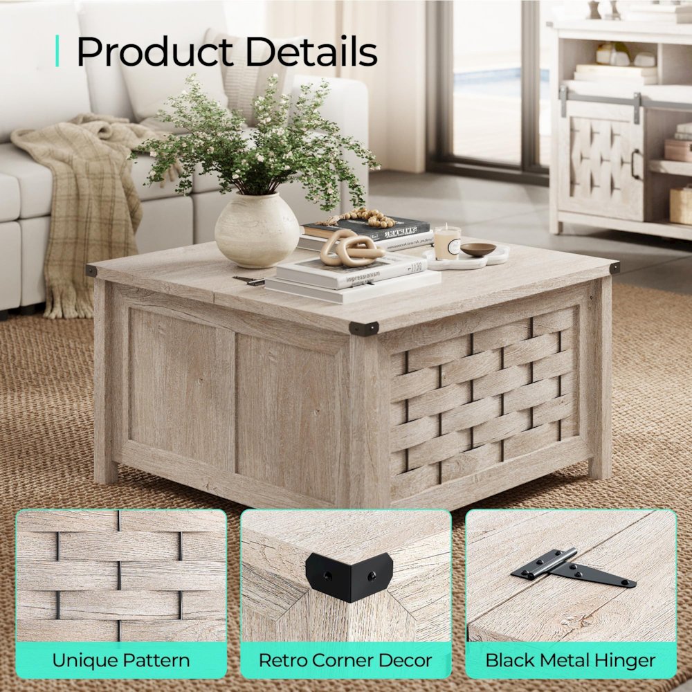 Square Farmhouse Coffee Table with Hidden Storage Compartment,Light Gray. Picture 4