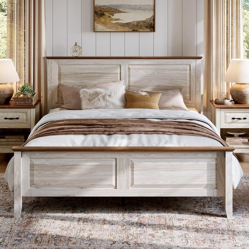 Rustic Queen Bed Frame with Headboard & Footboard, Wooden Platform, Beige. Picture 2