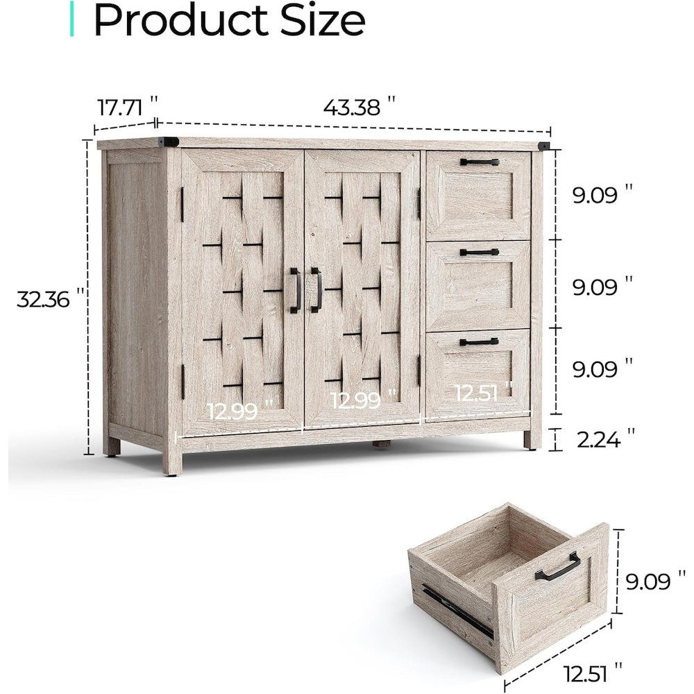 43" Farmhouse Sideboard Buffet Cabinet with Drawers and Shelves,Light Gray. Picture 5