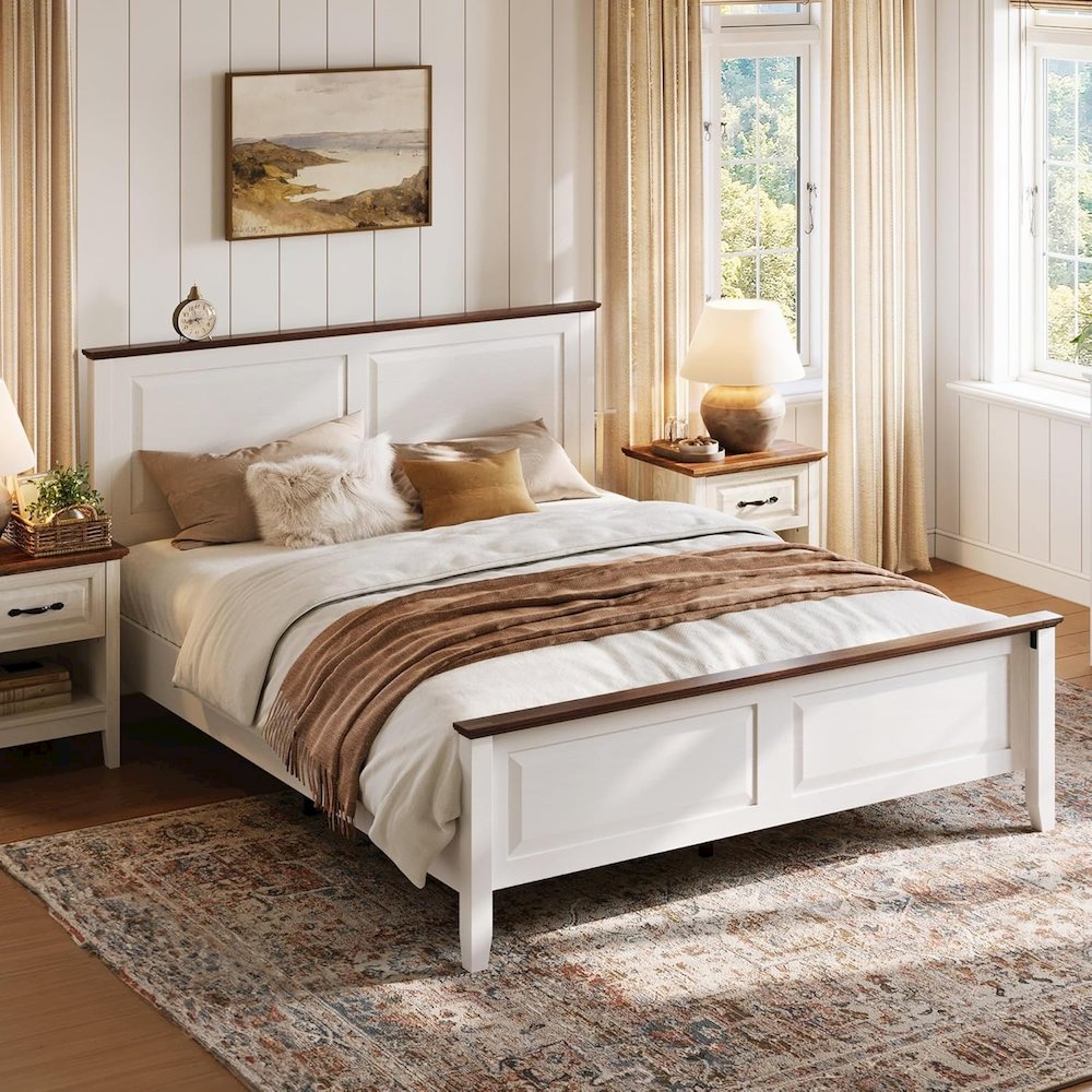 Rustic Queen Bed Frame with Headboard & Footboard, Wooden Platform, White. Picture 4