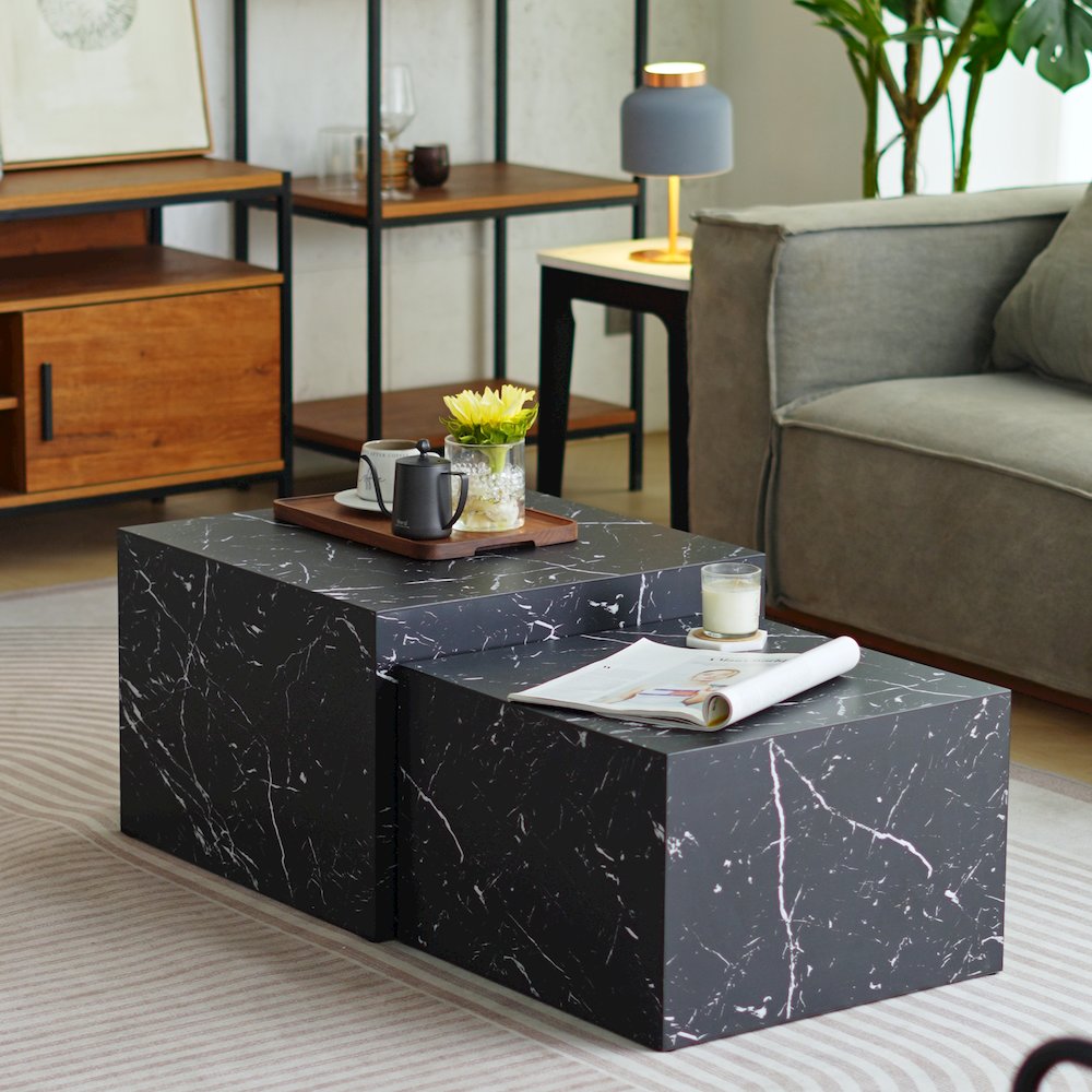 Nesting Coffee Tables - Set of 2 Square Faux Marble Design, Marble black. Picture 2