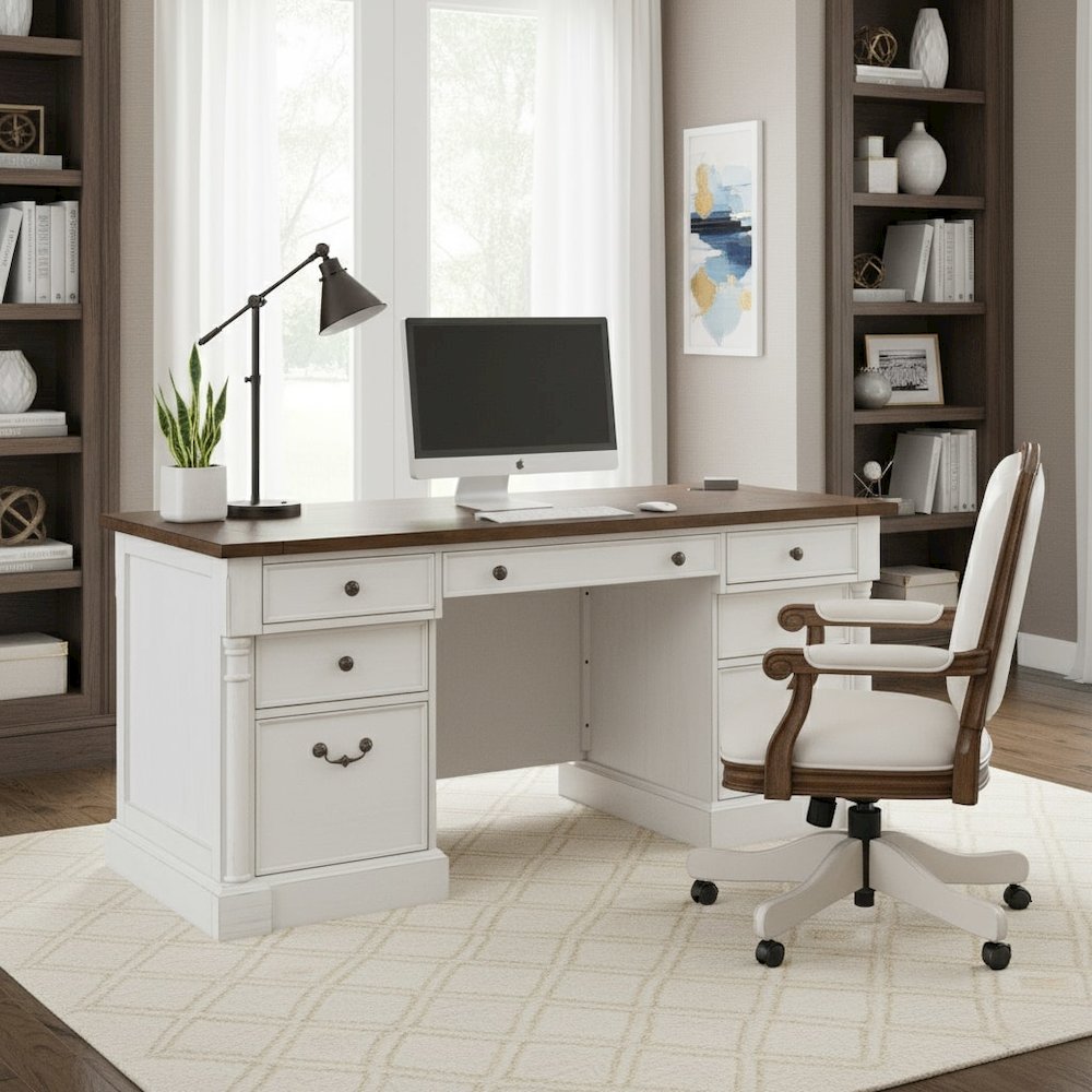 Rustic Wood Double Pedestal Executive Desk, 7 Drawers, White/Cherry. Picture 3