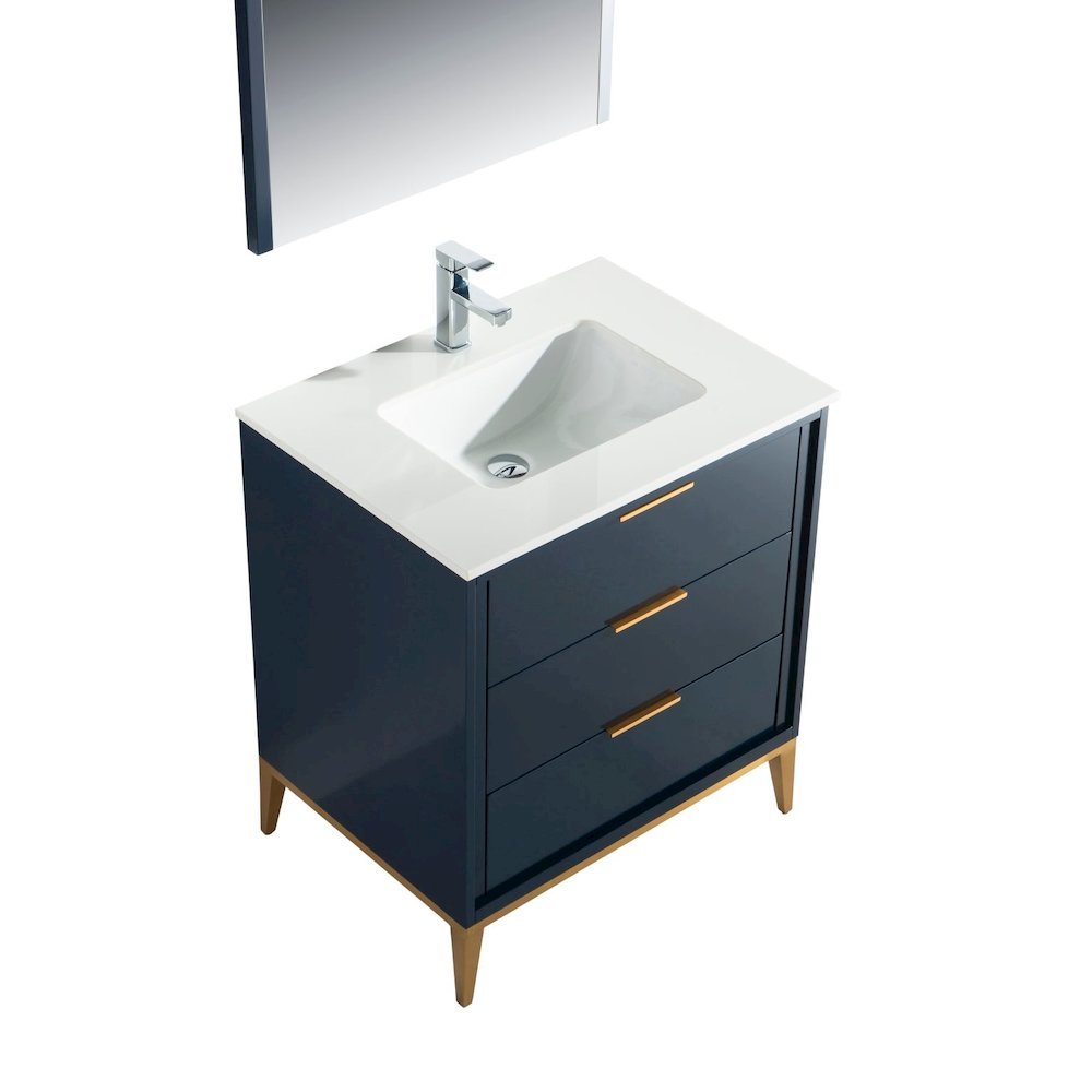 Divani 30'' Gloss Blue Vanity W/ Quartz Counter Top (Back Splash Free). Picture 5