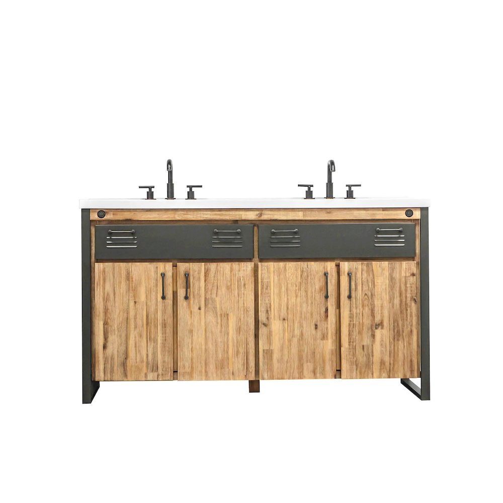 Irondale Vanity W61 in Solid Acacia Wood and Metal with White Basin. Picture 1