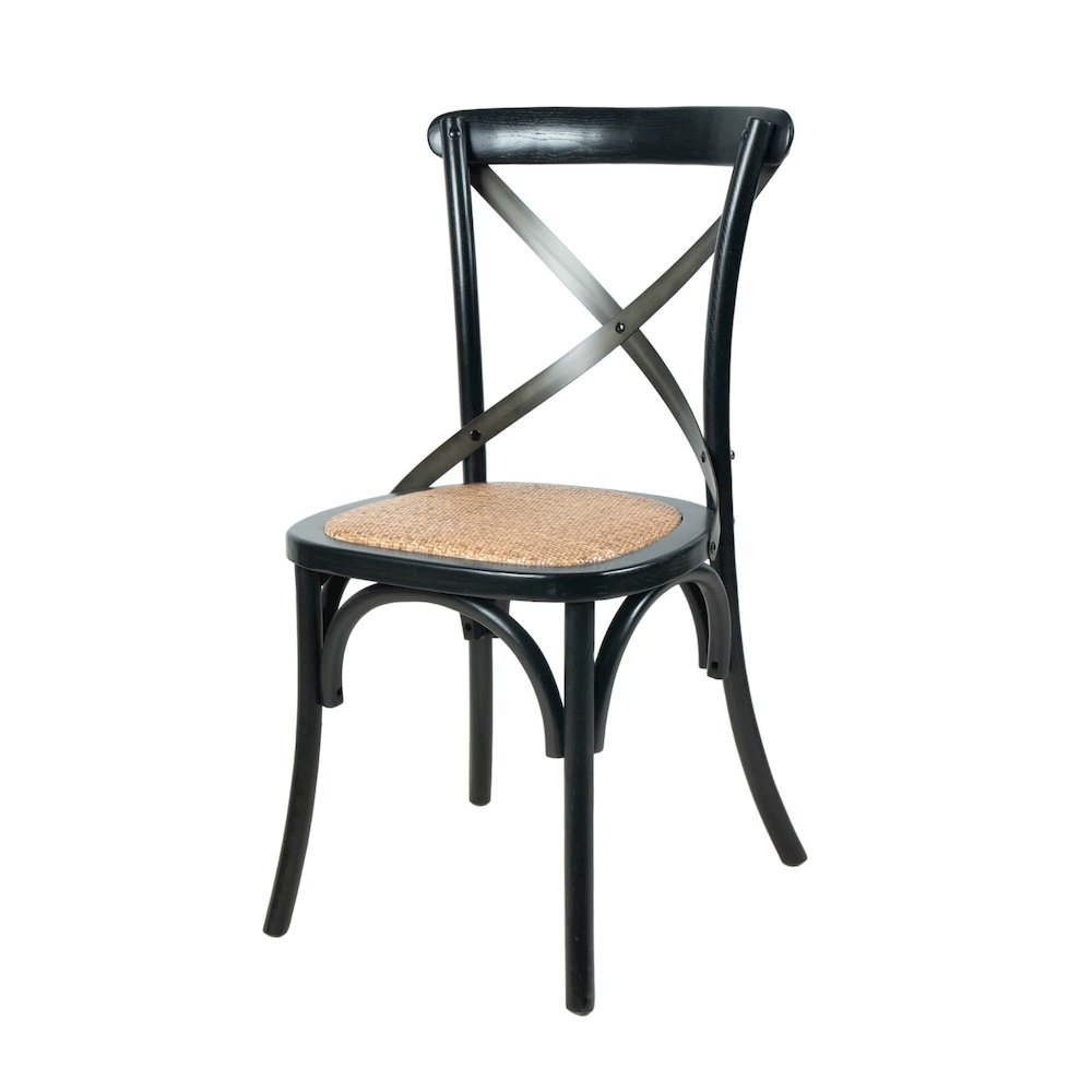 Cross Back Chair with Natural Brown Rattan Seat - Black. Picture 1