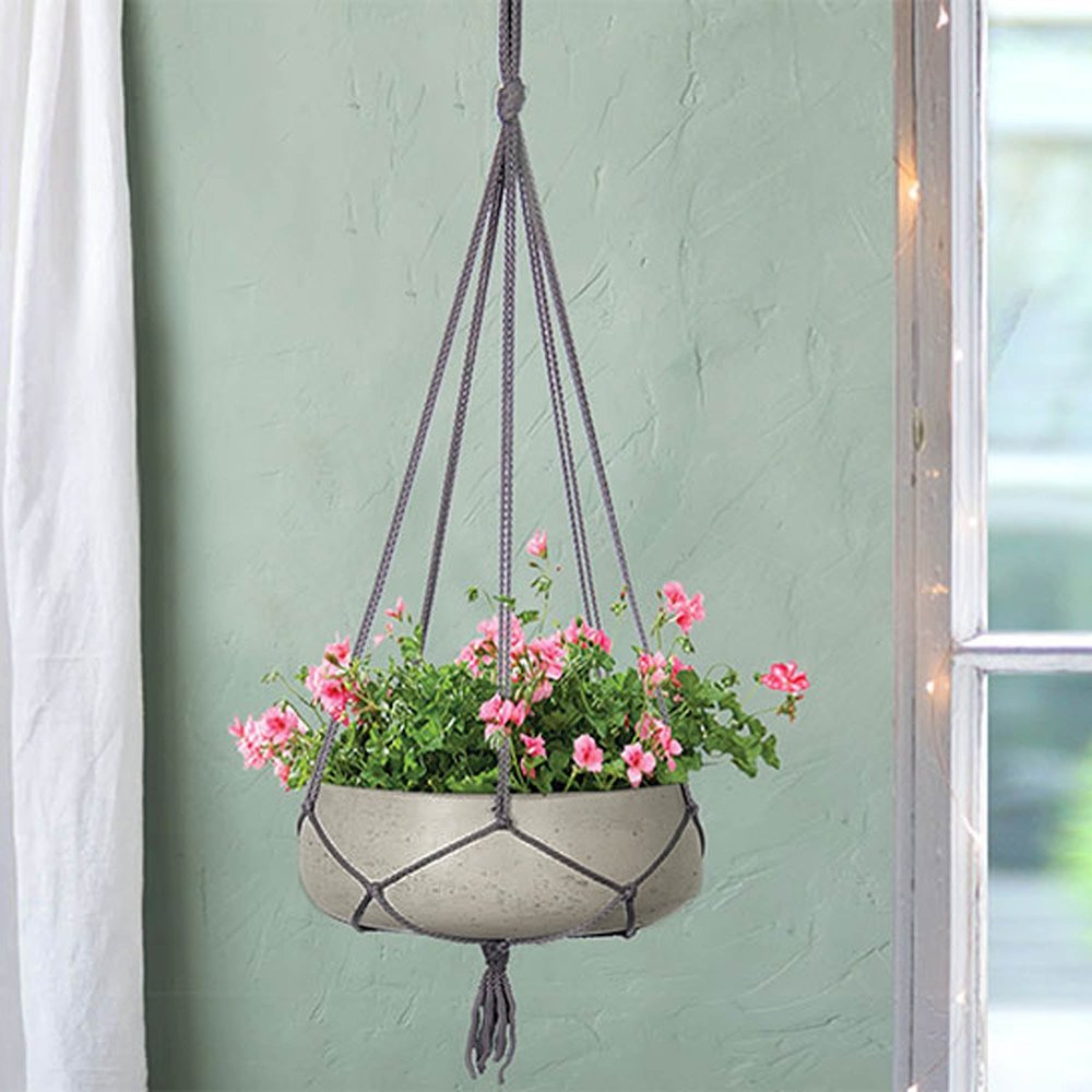 Circular Small Hanging Pot With Netting - Cement Grey. Picture 2