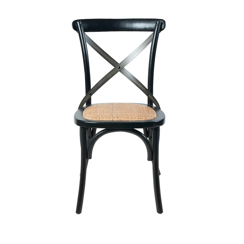 Cross Back Chair with Natural Brown Rattan Seat - Black. Picture 4