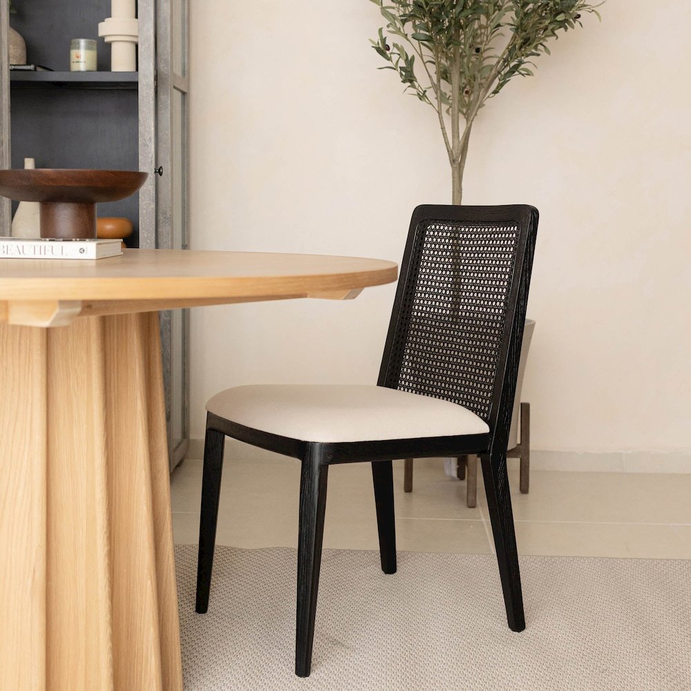 Cane Dining Chair - Oyster Linen/Black Frame. Picture 2