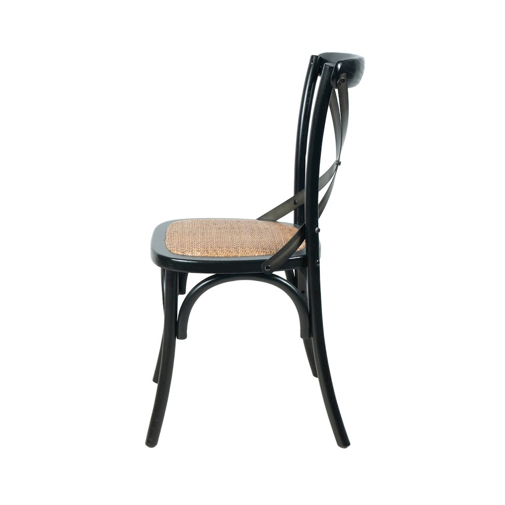 Cross Back Chair with Natural Brown Rattan Seat - Black. Picture 5