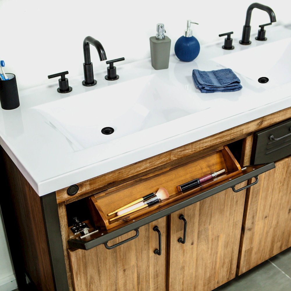 Irondale Vanity W61 in Solid Acacia Wood and Metal with White Basin. Picture 5