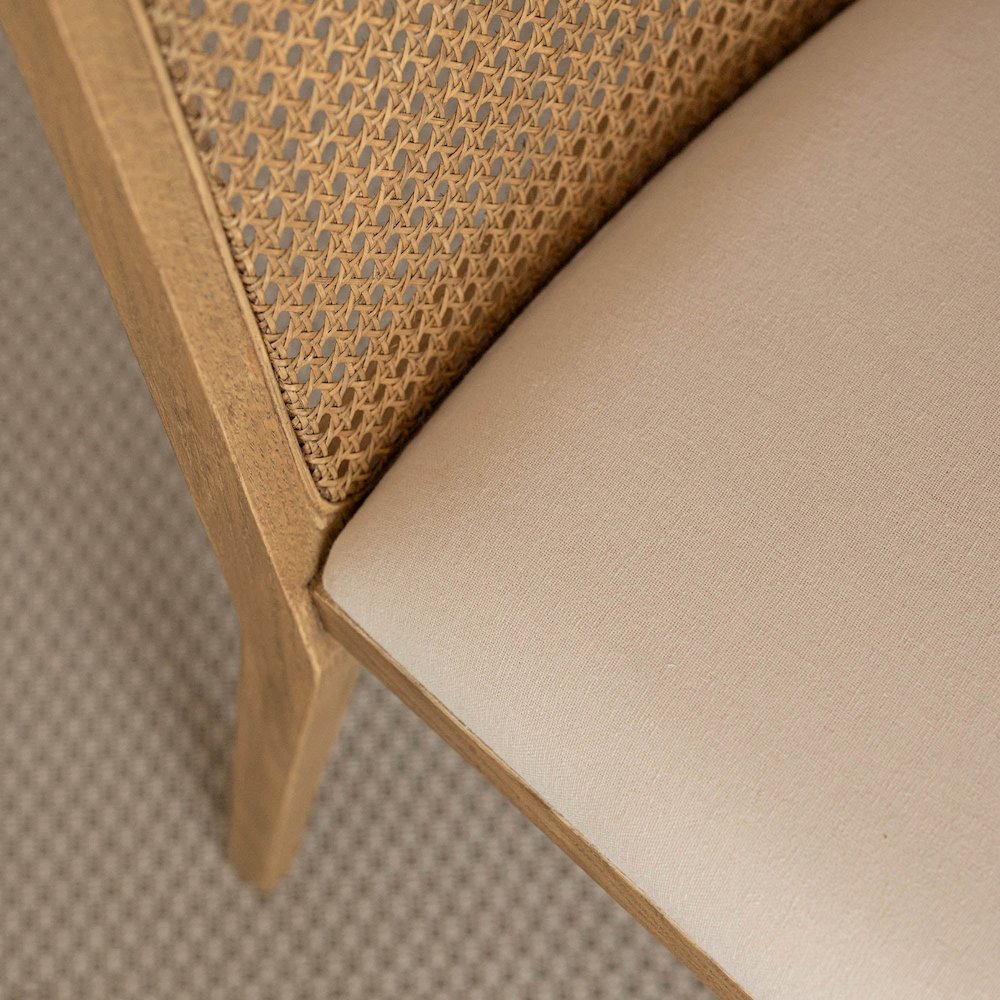 Cane Dining Chair - Oyster Linen/Natural Frame. Picture 10