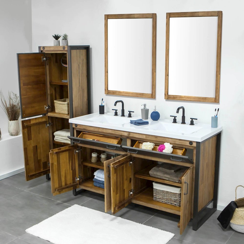 Irondale Vanity W61 in Solid Acacia Wood and Metal with White Basin. Picture 4